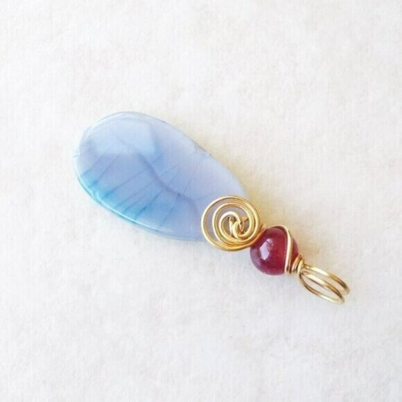 Sky Blue & Berry Red Agate Pendant - Wire Wrapped! Upbeat & Positive Vibes! - Picture 1 of 9